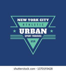 Urban sport training athletic USA - typography vintage logo for t-shirt. Retro artwork badge for outfit print of two colors. Vector illustration on blue background. New York City. Graphic design.