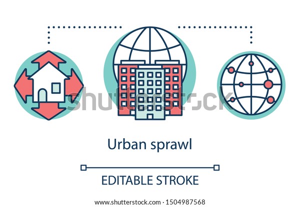 Urban sprawl concept icon. Growth of cities.\
Urbanization. Expansion of megalopolises. Urban housing. Thickly\
settled area idea thin line illustration. Vector isolated outline\
drawing. Editable stroke