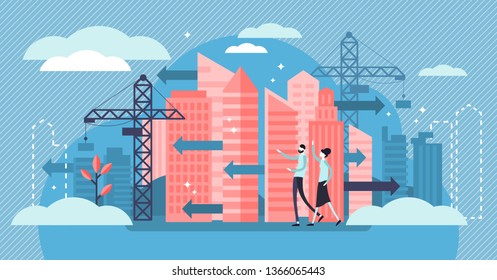 Urban Sprawl vector illustration. Flat tiny building construction persons concept. Unrestricted urban housing and city chaos. Negative suburban landscape plan future. Megacity rental prices challenge.