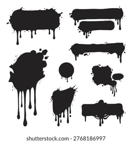 Urban spray paint splatter collection in a solid vector format featuring labels, tags, frames, stains, and drips.