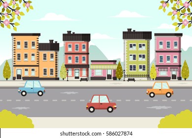Urban Spring Landscape. Flat Design Style. 
