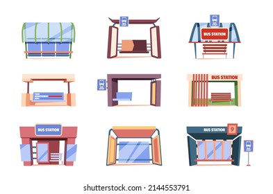 Urban station. Municipal public bus stop with relax places for passengers garish vector cartoon templates