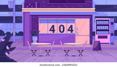 Urban storefront at night error 404 flash message. Exterior store, automat. Website landing page ui design. Not found cartoon image, dreamy vibes. Vector flat illustration with 90s retro background