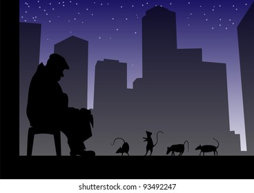 Urban story of old man and rats.Vector illustration