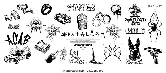 Urban street art featuring edgy graffiti elements, rebellion symbols, and anti-authority themes. Underground subculture, flash tattoo, graffiti, street art, criminal isolated elements. Vector graphic