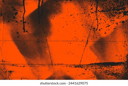 Urban street art graffiti banner with grunge distressed texture, ink splashes and paint drips. Orange and black hand drawn spray texture, punk style retro background with dots, speckles, particles.