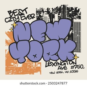 Urban street art graffiti new york slogan with spray text and city photo silhouette for graphic tee t shirt or sweatshirt hoodie sticker poster - Vector