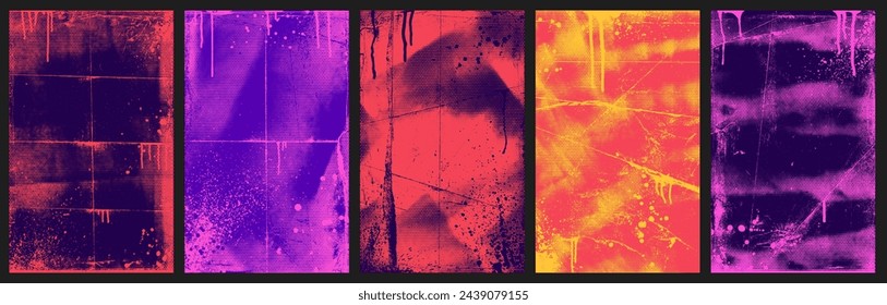 Urban street art graffiti punk posters set with grunge and halftone texture. Colorful brush drawn overlay texture. Vintage or retro style overlay distress grain, ink drips and paint splashes.