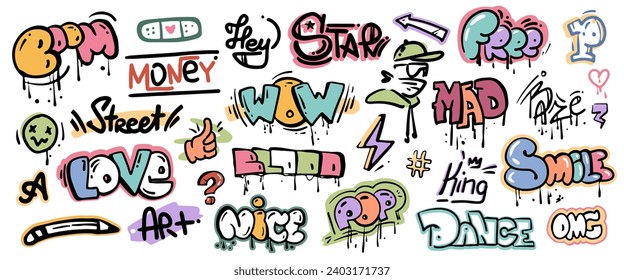 Urban street art and graffiti with slogans and letterings, emoticons and phrases. Vector drawing made with paint on wall, mural and self expression of artists, tags and characters fonts