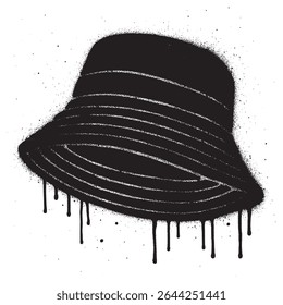 Urban street art illustration of a black bucket hat created with graffiti style spray paint.	