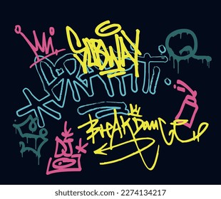 Urban Street Art Neon Graffiti typografie Slogan mit Spray-Effekt Emoji für grafische T-Shirt oder Poster - Vektor