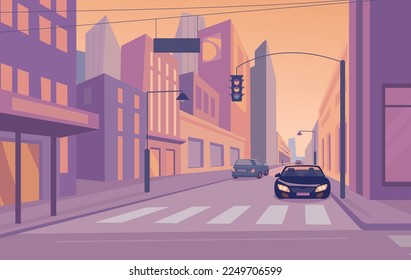 Urban street cityscape. Cars on road, empty streets and buildings. Modern city, skyscraper at evening. Town building, kicky vector cartoon panorama