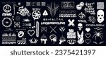 Urban and street culture graphic elements - graffiti, neo tribal, tattoos, tags, other symbols. Street stencil, graffiti and neo tribal of 90s hip hop culture. Gang tags, urban art, Vector graphic box