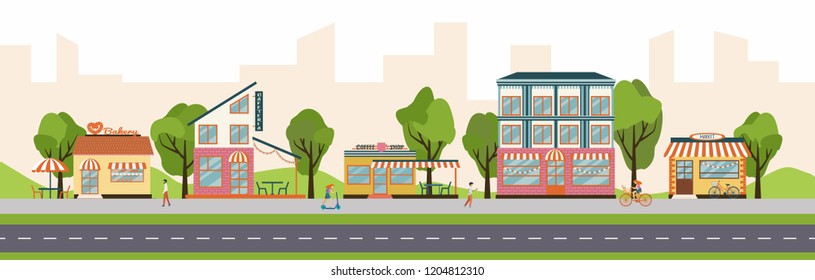 Urban street with different shops and stores, including bakery, coffee shop, restaurant, market. Vector illustration of strip mall shopping center.