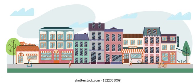 Urban street with different shops and stores, including bakery, coffee shop, restaurant, market. Vector illustration of strip mall shopping center.