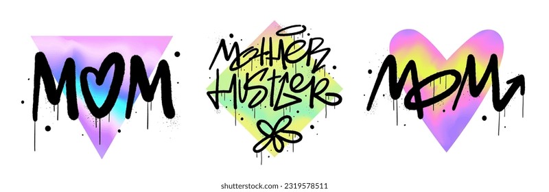 Urban street graffiti art. Set of trendy cards for Mother's Day. Cool mum, Mother Hustler, Swag. Y2k blurred gradient elements. Holographic vector print. Groovy lettering in psychedelic rave style. 