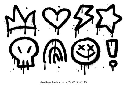 Urban street graffiti element set, sticker kit, spray ghetto prints collection. Gangster tattoo kit, underground can hip-hop sign, crown, heart, smile, skull silhouette, arrow. Isolated Vector icons