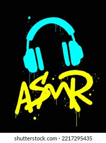 Urban street graffiti. Headphones icon. Concept of asmr artist and content. Vector logo for podcast, blog. Artwork for street wear, pins, patchworks, tee, bomber jackets, hoodie. 2k grunge style.