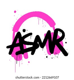 Urban street graffiti. Pink headphones icon. Concept of asmr artist and content. Vector logo for podcast, blog. Artwork for street wear, pins, patchworks, tee, bomber jackets, hoodie. 2k grunge style.
