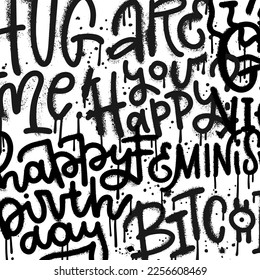 Urban street graffiti slogans on the wall with lettering quotes and splash effect. Vector rough textured hand drawn illustration. Black on white