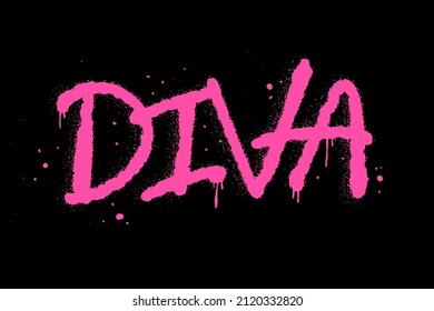 Urban street graffiti style. Slogan of Diva with splash effect and drops. Concept of feminism, women's rights. Print for graphic tee, sweatshirt, poster. Vector illustration is on black background.