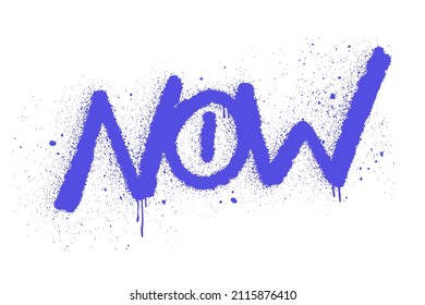 Urban street graffiti style. Word of Now with splash effects and drops. Print for graphic tee, sweatshirt, poster, sticker. Vector illustration. Blue letters is sprayed on white background.