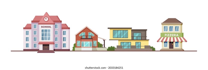 Urban street horizontal panorama. City life with house facades, road tree. Panoramic view of modern exterior buildings, cottages, school, pizzeria, country houses. Neighborhood district with apartment