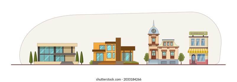 Urban street horizontal panorama. City life with house facades, road tree. Panoramic view of modern exterior buildings, cottages, coffee shop, country houses. Neighborhood district with apartment  