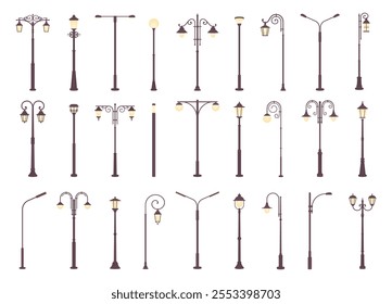 Urban street lamps. Outdoor urban lights elements, retro modern light for city or town sidewalk. Decorative lightning landscape, racy vector collection