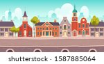 Urban street landscape 18th century with residential, government and church buildings, retro cartoon vector background. Cityscape with pavement, facades, vintage town poster