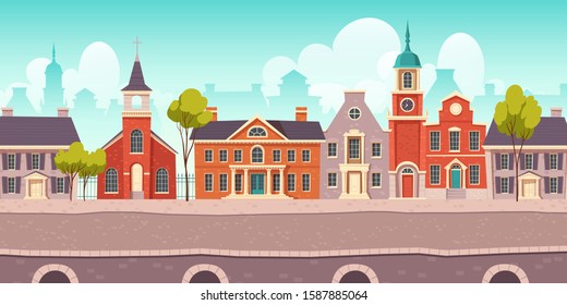 Urban street landscape 18th century with residential, government and church buildings, retro cartoon vector background. Cityscape with pavement, facades, vintage town poster