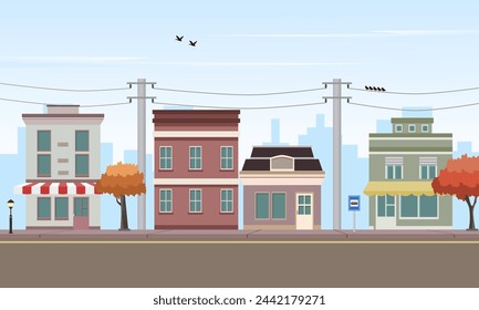 Urban street landscape. City building houses concept. Vector illustration.