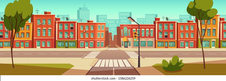 Urban street landscape with crossroad and traffic light, buildings with small shops, cafes and restaurants cartoon vector background, town poster with empty street space