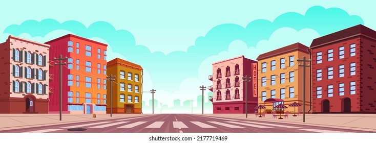 Urban street landscape with empty road and electric poles, buildings with hotel or small shop, cafe and restaurant cartoon vector background, town poster with city skyline, perspective view