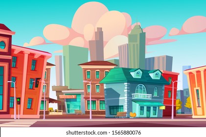 Urban street landscape with retro residential buildings with cafe and beauty salon, cartoon vector. Cityscape with crosswalk and traffic light against background of skyscrapers and blue sky with cloud