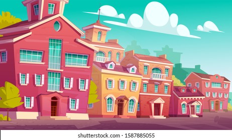 Urban street landscape with retro residential buildings, cartoon vector. Cityscape vintage background with old houses, residential town area during day isometric view, blue sky with clouds