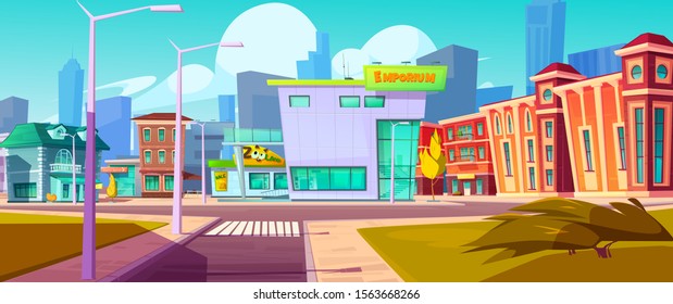 Urban street landscape with shopping mall and residential buildings in background, cartoon vector. Cityscape with crossroads, sidewalk, building facades, pet-shop, town poster