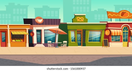 Urban street landscape with small shops and residential buildings in background, cartoon vector. Cityscape with pavement, facades of cafes, restaurant and bakeries, town poster