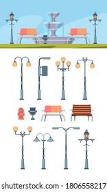 Urban street lights set. City lighting lamps electric and gas energy wooden park benches antique vintage designs high metal structures of curved openwork shape elegant elements. Decorative vector.