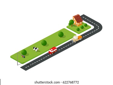 Urban street road isometric city landscape and cow