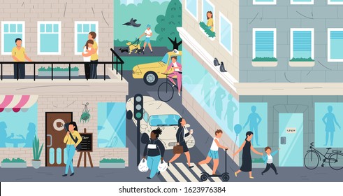 Urban street scene, people living in city, vector illustration. Cartoon characters crossing street, walking and riding. Residential neighborhood of metropolis. People urban lifestyle in modern city