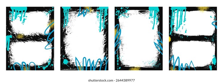 Urban street spray background double frames set. Text boxes border graffiti template with airbrush lines stroke and aerosol. Ink and paint decor for photo. Vector callouts tag illustration.