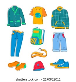 Urban street style - flat design style icons set. High quality colorful images of fashionable jacket, jeans, comfortable shoes, backpack, windbreaker, hat, belt and socks. Fashion and shopping idea