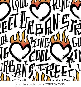 Urban street style graffiti heart with flame drawing and text. Seamless pattern repeating texture background. Vector illustration design for fashion graphics, prints.