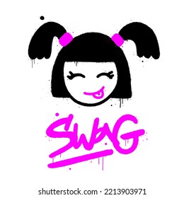 Urban street style. Graffiti kawaii Girl. Slogan of Swag. Splash effects, drop, leaking. Artwork for street wear, pins, patchworks, tee, bomber jackets, hoodie. 