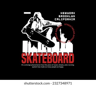 Urban street style New York typography with man jumping on skateboard vector illustration on silhouette background for streetwear and urban style t-shirts design, hoodies, etc