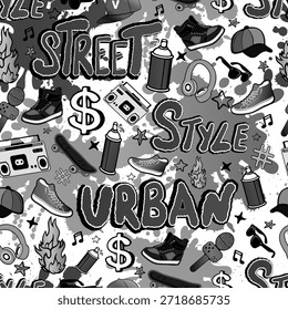 Patrón Urbana del estilo de calle con los iconos dibujados a mano del graffiti, las zapatillas de deporte, el monopatín, las latas de aerosol y los Elementos de la música. Fondo blanco y negro audaz para ropa de calle, textiles, carteles y diseños juveniles modernos.