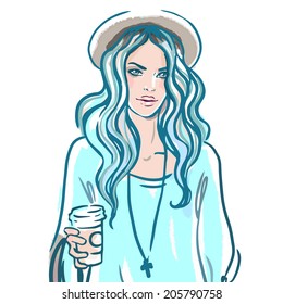 Urban street style: Pretty hipster girl with pink hair holding coffee cup portrait isolated on white background, sketchy style fashion vector illustration 