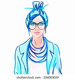 Urban street style: Pretty hipster girl with blue hair, portrait isolated on white background, sketchy style fashion vector illustration 