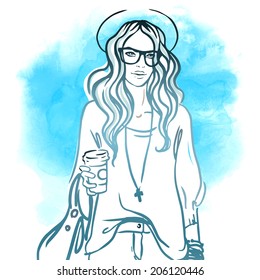Urban street style: Pretty hipster girl with pink hair holding coffee cup portrait isolated on white background, sketchy style fashion vector illustration 